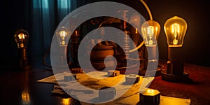 Old-fashioned incandescent lamps and electric components on wooden table in dark room