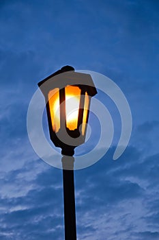 Old fashioned lantern at blue hour, Kalemegdan park in Belgrade