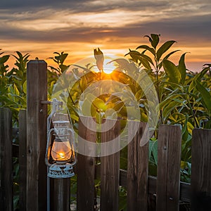 Old-Fashioned Lantern Casts a Warm Light on a Rustic