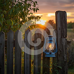 Old-Fashioned Lantern Casts a Warm Light on a Rustic