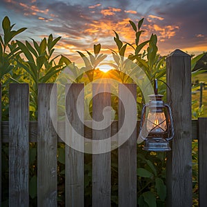 Old-Fashioned Lantern Casts a Warm Light on a Rustic