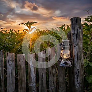 Old-Fashioned Lantern Casts a Warm Light on a Rustic