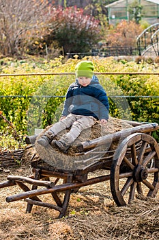 Old-fashioned little boy sitting at a vintage wooden carriage