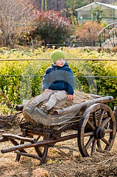 Old-fashioned little boy sitting at a vintage wooden carriage