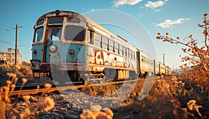 Old fashioned locomotive on railroad track, speeding through rural sunset generated by AI