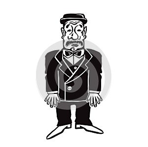 Old fashioned man in gentleman hat, silhouette monochrome vector