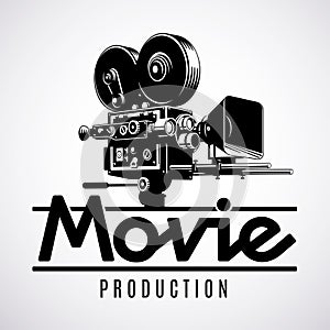 Old fashioned movie film camera, logo design template, black and white vector illustration