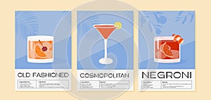 Old Fashioned, Negroni and Cosmopolitan Cocktail wall art posters. Alcoholic beverage garnish with orange, lime and