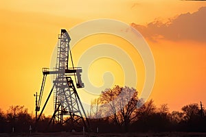 old-fashioned oil derrick in sunset with golden sky