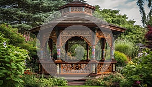 Old fashioned pavilion in formal garden surrounded by nature spirituality