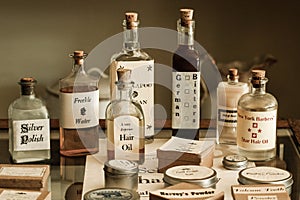 Old fashioned pharmacy remedies and products