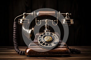 An old fashioned phone rests on top of a rustic wooden table, invoking nostalgia of simpler times, Old-fashioned rotary phone on a