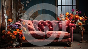Old Fashioned Purple Sofa Decorated With Flowers and Glass Windows Interior Blurry Retro Background