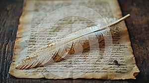 Old-Fashioned Quill Pen Resting on a Dusty Manuscript The pen blurs into the text