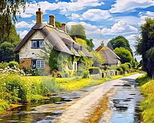 An old fashioned quintessential English country village in a rural landscape has oil pnting.
