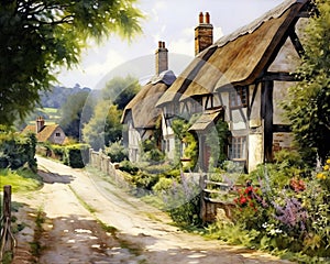 An old fashioned quintessential English country village in a rural landscape has oil pnting.