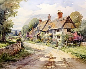 An old fashioned quintessential English country village in a rural landscape has oil pnting.