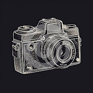 Old-fashioned retro camera, black flat icon isolated on white background. Vintage photo camera chalk drawing