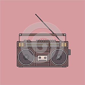 Old fashioned, retro style audio tape recorder, ghetto boom box from 90s, vector illustration isolated. Front view of audio tape