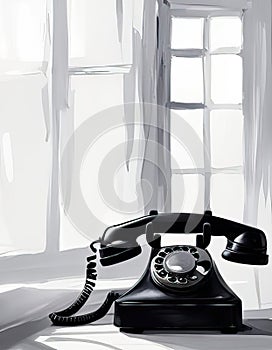 Old fashioned retro telephone hotline by the window digtal painting with copy space in black and white generative ai illustration