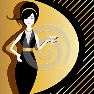 Old-fashioned rich woman in black and gold evening dress holding cocktail