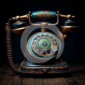 old fashioned rotary telephone, ornate blue