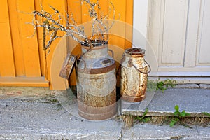 Old fashioned rustic milk jugs