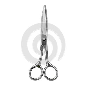 Old fashioned silver metal closed scissors white background isolated closeup, vintage steel cutting tool for paper, fabric clipper
