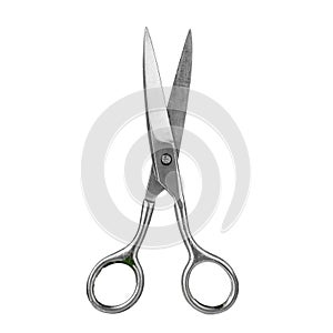 Old fashioned silver metal open scissors white background isolated close up, vintage steel cutting tool for paper, fabric clippers