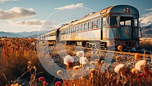 Old fashioned steam train speeds through the rural mountain landscape generated by AI