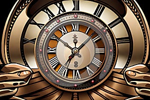 Old-Fashioned Steampunk Man, Giant Clock With Fast Running Hour Hand, Dial. Time Travel Concept, Time Traveller, Steampunk Style.