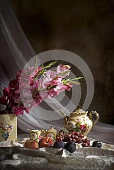 Old Fashioned Still Life with Fruit and Flowers