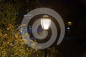 Old-fashioned street lamp in a public park at night on Manhattan`s Upper East Side, New York City