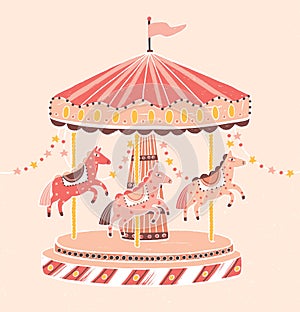 Old-fashioned style carousel, roundabout or merry-go-round with horses. Amusement ride for children`s entertainment