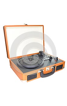 An old-fashioned suitcase record player and turntable, isolated on white background