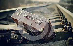 Old fashioned a suitcases on railroad tracks