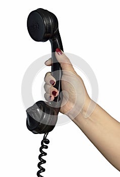 Old fashioned telephone handset in woman hand