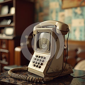 An old fashioned telephone sitting on a table with an receiver, AI