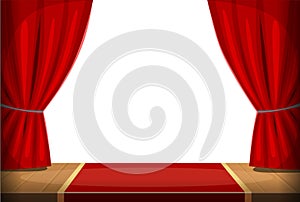 Old-fashioned theatre scene with red curtain and white background