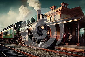 old-fashioned train station with vintage trains and steam engines, transporting passengers to the past