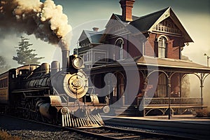 old-fashioned train station with vintage trains and steam engines, transporting passengers to the past