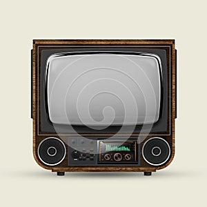 Old-fashioned TV with built-in sound system. Upgraded version of retro tv set with blank grey screen isolated over white