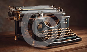 An old fashioned typewriter with a black and gold keyboard
