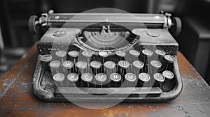 An old fashioned typewriter with a black and white photo of it. The typewriter is on a wooden table