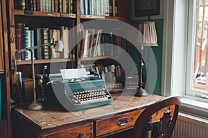 An old fashioned typewriter sits on a desk in front of a window, casting a nostalgic ambiance in a retro-inspired home office, A