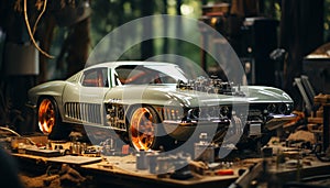 An old fashioned vintage car in a shiny chrome workshop generated by AI
