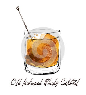 Old fashioned whisky cocktail in watercolor style