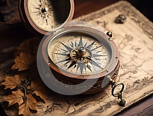 Generative Ai, Old fashioned wooden compass, on a wooden table and map paper