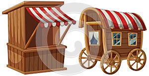 Old-fashioned wooden market booth and wagon