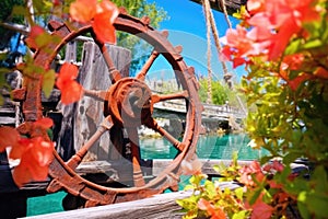 old-fashioned wooden shipwheel engrossed in coral